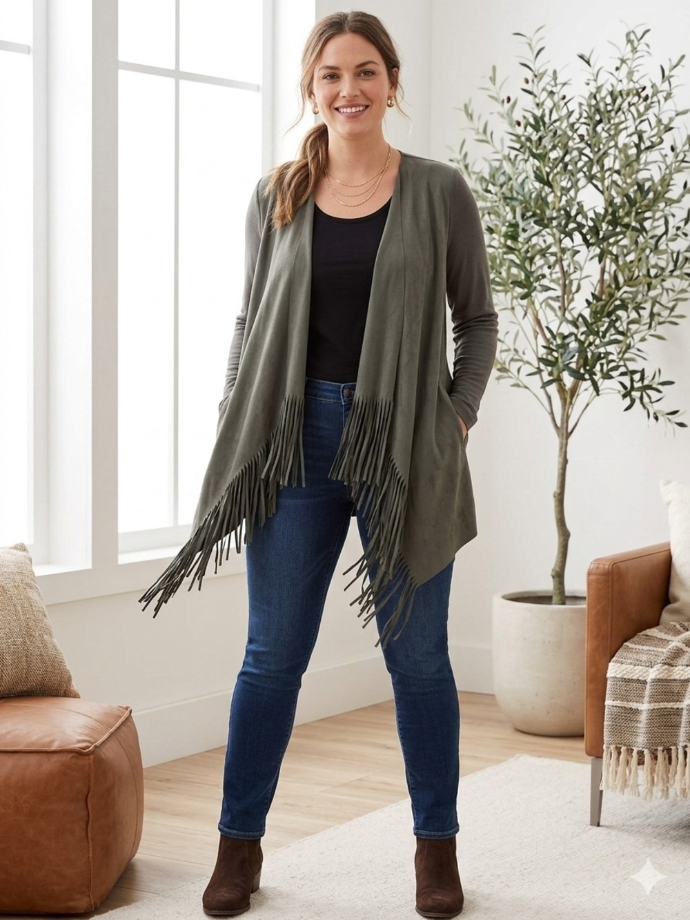 INC International Concepts Olive Green Open-Front Fringe Cardigan